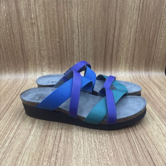 NAOT Roxana Sandals Women's 40 / 9 Blue Purple Strappy Comfort Cork Wedge Slide - Picture 1 of 8